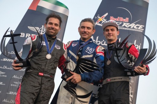 Canadian Red Bull Race pilot Pete McLeod, right, came third in the first race of the season behind Hannes Arch, left, and Paul Bonhomme. Photo by Naim Chidiac