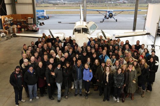 Arctic Air cast and crew posed for a farewell photo at a hangar at YVR.