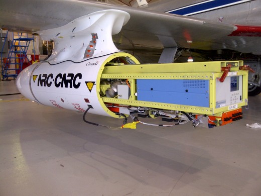 The emissions sniffing pod on NRC's T-33 will be used to measure pollutants from aircraft burning alternative fuels.