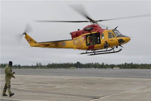 A Griffon helicopter takes off to participate in SAREX 14.