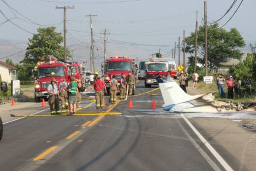 Pilot Todd Lewendon is in hospital with burns after an off-airport landing in the Okanagan Tuesday.