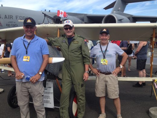 Lt. Gen. Mike Hood, with Vimy Flight volunteers Peter Thornton, left, and Larry Ricker.